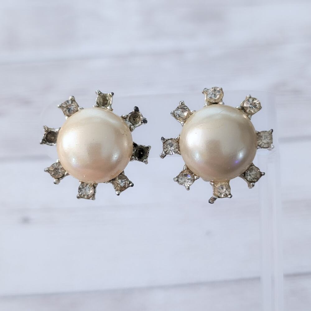 Vintage Clip On Earrings Faux Pearl & Clear Gems - Missing Gems